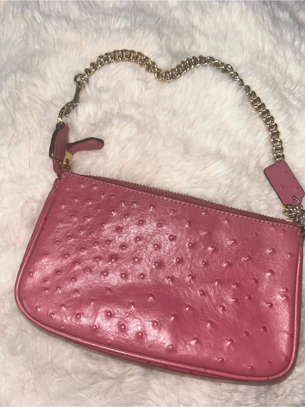 Coach Pink Ostrich-Embossed Wristlet with Gold Chain Strap